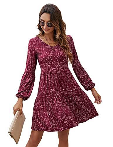 KOJOOIN Tunika Kleid Boho Bohemian Kleid Vintage Kleid Lose Casual Swing Kleid mit Gerafft Schmeichelhaft Weinrot Punkten M von KOJOOIN