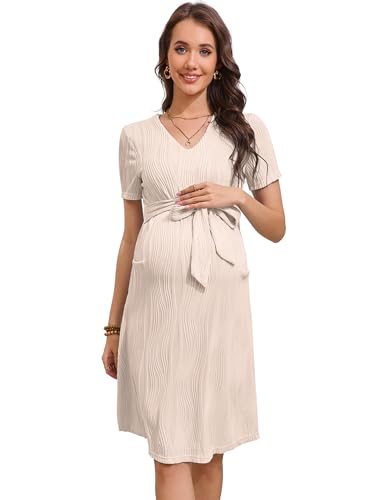 KOJOOIN Umstandskleid Damen V-Ausschnitt Kurzarm Schwangerschaftskleid Casual Umstandskleider Umstandsmode Sommerkleid mit Gürtel Aprikose S von KOJOOIN