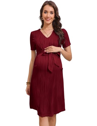 KOJOOIN Umstandskleid Damen V-Ausschnitt Kurzarm Schwangerschaftskleid Casual Umstandskleider Umstandsmode Sommerkleid mit Gürtel Weinrot M von KOJOOIN