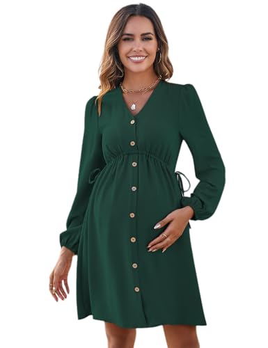 KOJOOIN Umstandskleid Damen V-Ausschnitt Langarm Stillkleid Lässig elegant Schwangerschaftskleid mit Knöpfen Dunkelgrün XL von KOJOOIN