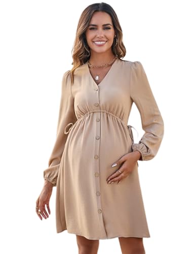 KOJOOIN Umstandskleid Damen V-Ausschnitt Langarm Stillkleid Lässig elegant Schwangerschaftskleid mit Knöpfen Khaki L von KOJOOIN
