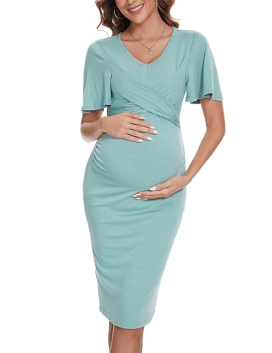 KOJOOIN Damen Umstandskleid Sommer Kurzarm V-Ausschnitt Enge Stillkleid Elegant Schwangerschaftskleid mit Gürtel Blaugrün(Kurzarm) L von KOJOOIN