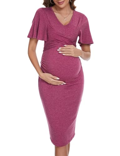 KOJOOIN Damen Umstandskleid Sommer Kurzarm V-Ausschnitt Enge Stillkleid Elegant Schwangerschaftskleid mit Gürtel Lilarot(Kurzarm) M von KOJOOIN