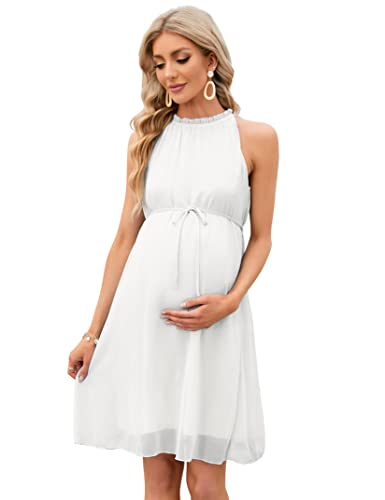 KOJOOIN Umstandskleid mit Rüschen, Neckholder, Sommer, lässig, Boho, ärmellos, hohe Taille, fließendes Midi-Kleid, Fotoshooting, Babyparty, Weiss/opulenter Garten, Mittel von KOJOOIN