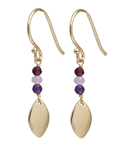 KOKO Goldene Ohrringe mit Natursteinen und Halbedelsteinen – Granat, Rosenquarz und Amethyst – handgefertigt mit Blattanhänger für Damen und junge Mädchen – handgefertigter Schmuck in Geschenkbox, von KOKO