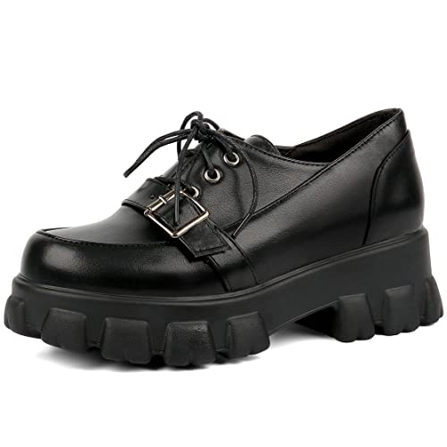 KOKOMOMO Damen-Plateau-Oxford-Schuhe, klobige Plateau-Halbschuhe, Gothic-Schnalle, Pu-schwarz, 40.5 EU von KOKOMOMO