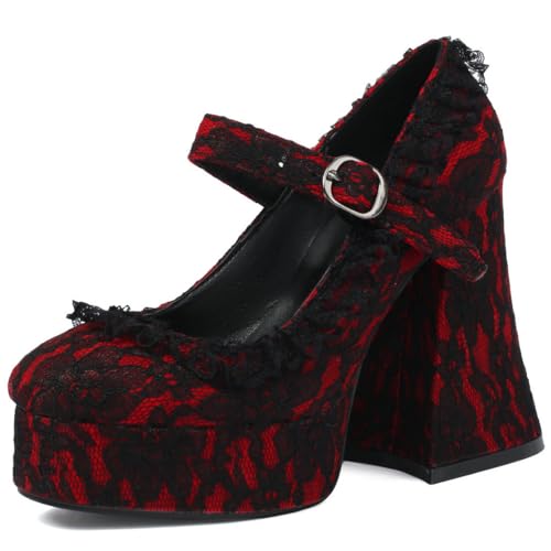 KOKOMOMO Mary Janes Damen-Schuhe mit Spitze, Blumenabsätze, Gothic-Stil, Plateau-Schuhe, Rot/Ausflug, einfarbig (Getaway Solids), 41 EU von KOKOMOMO