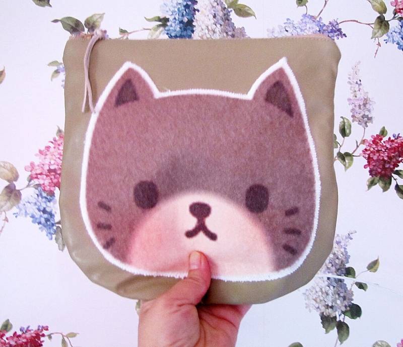 Beige Kunstleder Katzen-Clutch Applikation Handtasche Für Katzen-Liebhaber von KOKORICOLDStore