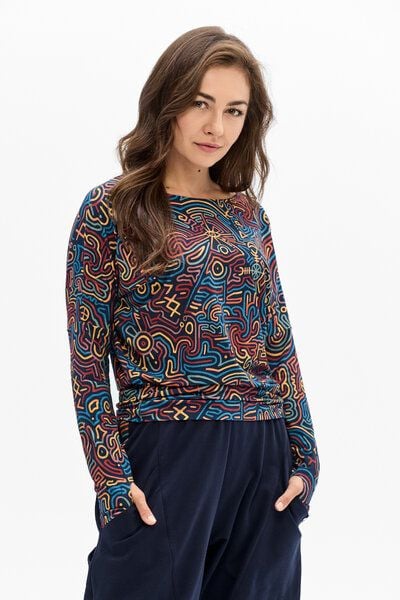 KOKOworld Bluse Be My Valentine Damen – Viskose EcoVero – figurbetont & bequem – mit Daumenloch – farbenfroher Print – für Yoga, Pilates & Alltag – fair produziert in der EU von KOKOworld