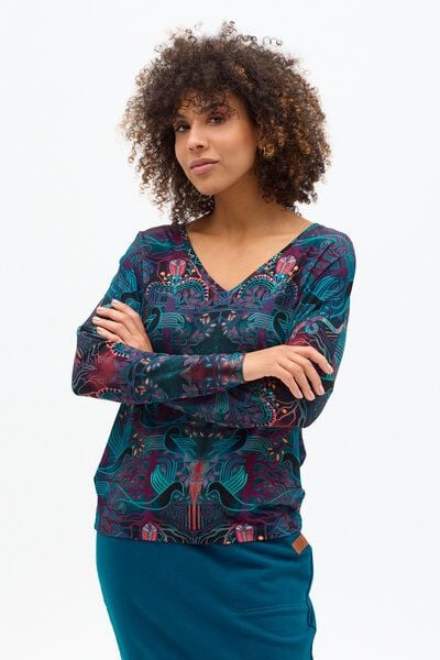 Bluse Saja Longsleeve – Viskose farbenfroher KOKOworld Print weiter Schnitt V-Ausschnitt – perfekt für Yoga – Fair produziert von KOKOworld