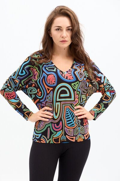 Bluse Saja Longsleeve – Viskose farbenfroher KOKOworld Print weiter Schnitt V-Ausschnitt – perfekt für Yoga – Fair produziert von KOKOworld