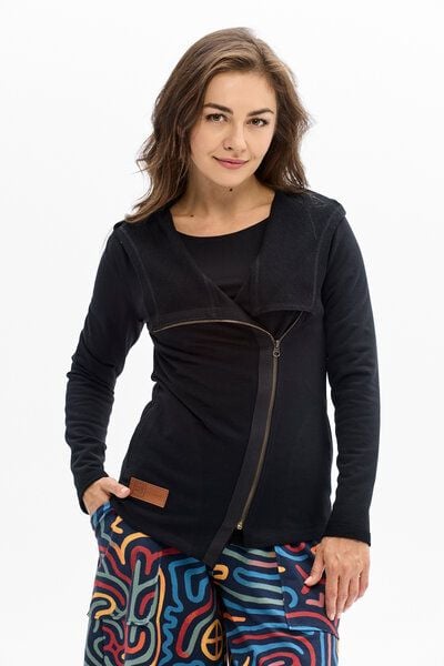 KOKOworld Hoodie Moluki Schwarz – Asymmetrischer Reißverschluss – mit Kapuze & Taschen – Bio-Baumwolle – nachhaltig & fair produziert in der EU – Streetwear Style von KOKOworld
