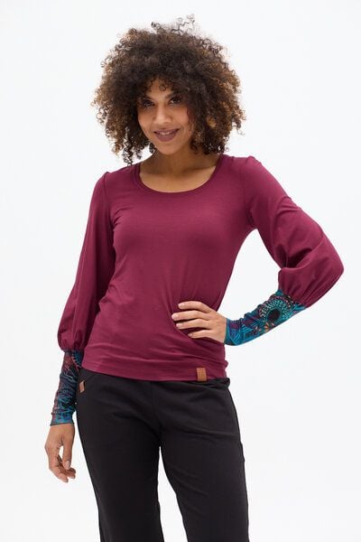 KOKOworld Bluse Guna Damen – Viskose EcoVero mit Elasthan – eleganter Look mit gepufften Ärmeln & Print-Manschetten – nachhaltig & fair in EU produziert – perfekt für Alltag & Yoga von KOKOworld