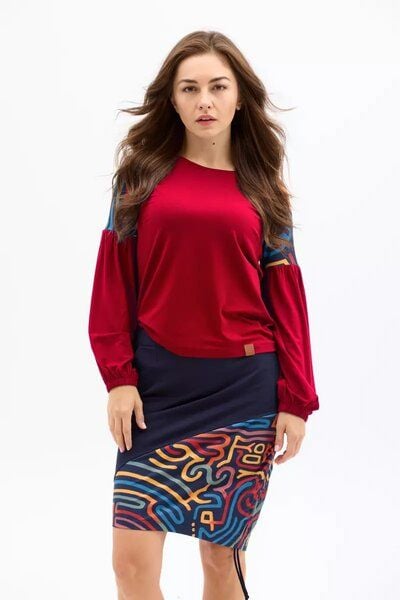 Bluse Lucia Damen – Viskose EcoVero – femininer Schnitt mit Puffärmeln & KOKOworld-Print – inspiriert von Panama & Guatemala – fair & nachhaltig in EU produziert von KOKOworld