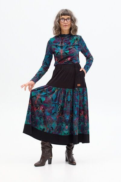 Rock Lunita – Maxi – Seitentaschen – Breite, geraffte Rüsche aus bedruckter Viskose am Bund – KOKOworld von KOKOworld