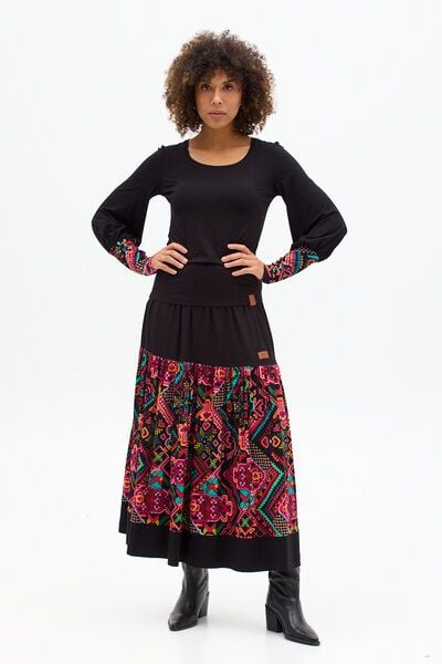 Rock Lunita – Maxi – Seitentaschen – Breite, geraffte Rüsche aus bedruckter Viskose am Bund – KOKOworld von KOKOworld