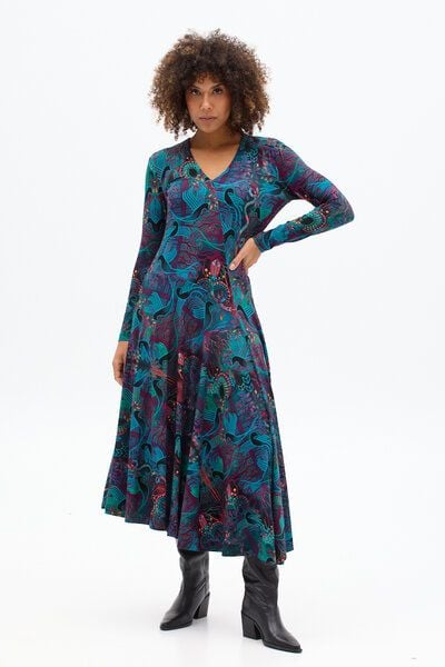 Kleid Lia – Maxikleid mit ausgestelltem Rock – Lange Ärmel – V-Ausschnitt – Versteckte Taschen – Farbenfroher einzigartiger Print von KOKOworld – Fair produziert in Polen von KOKOworld