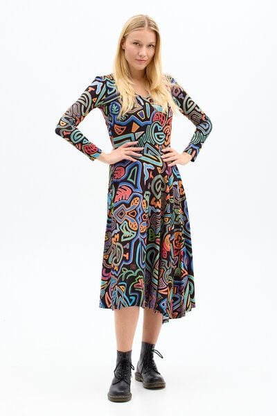 Kleid Lia – Maxikleid mit ausgestelltem Rock – Lange Ärmel – V-Ausschnitt – Versteckte Taschen – Farbenfroher einzigartiger Print von KOKOworld – Fair produziert in Polen von KOKOworld