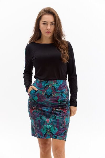 Rock Panama – Eng anliegender – In Knielänge – Wickelschnitt – Praktische Tasche – Farbenfroher einzigartiger Print von KOKOworld – Fair produziert in Polen von KOKOworld