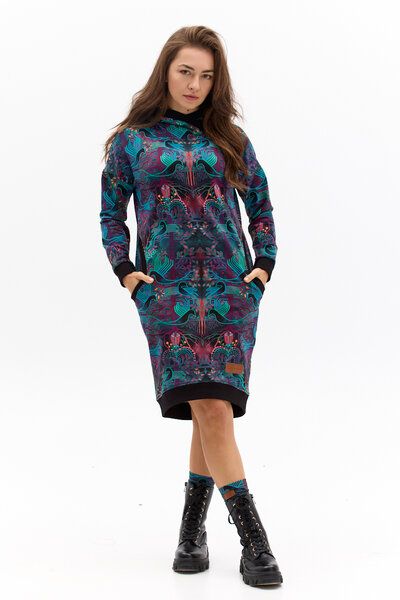 Tunika Kajendo – Tunikakleid mit Kapuze – Praktische Tasche – bunter Aufdruck KOKOworld – Baumwolle mit Elasthan – Fair produziert in Polen von KOKOworld