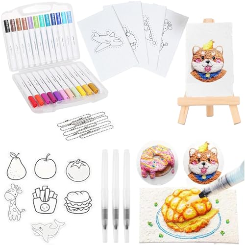 Magic Puffy Paint, 3D Drawing Magic Schwamm Leinwand, Magisches Textur-Malset, Puffy Paint Paper für Kinder DIY, Magic Foam Texture Painting Kit mit Staffelei und 12 Farben Stifte (A) von KOLGEIKJ