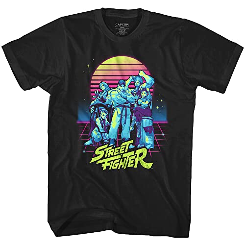 Street Fighter Neon Synthwave Men's T-Shirt 80's Sunset Ken Ryu Official Capcom Black M von KOLITY
