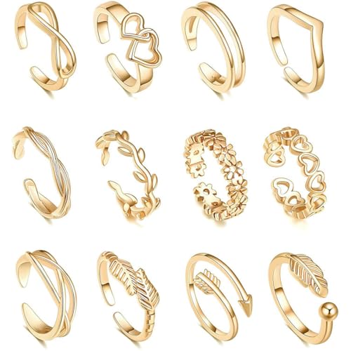 KOLZEMV 12 Stück Gold Gefüllte Zehenring, zehenring, zehenringe gold für Damen Blumenherz Offene Zehenringe Daumenringe Verstellbare Ring Gold Zehenringe Set Sommer Strand Fußschmuck von KOLZEMV