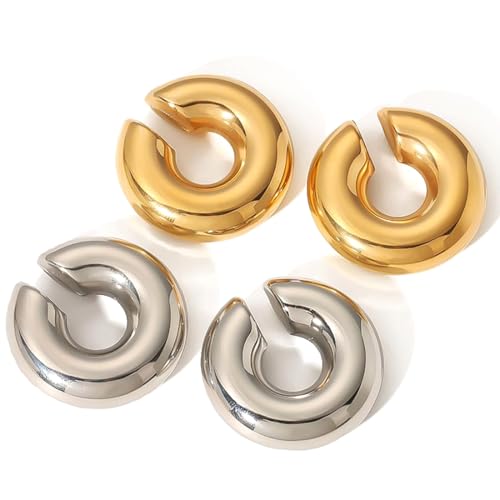 KOLZEMV 2 Paar Gold Silber Ohrringe für Damen, earcuff, earcuffs gold, klobige Huggie-Ohr-Manschetten-Goldohrringe, nicht durchdringend, hypoallergen, Mädchen-Ohrclip-Ohrringe, Schmuck, Geschenk von KOLZEMV