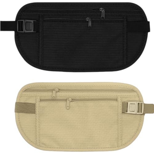 KOLZEMV 2PCS Versteckte Flache Bauchtasche, wasserdichte Tasche Diebstahlsichere Geldgürtel Reise Bauchtasche für Damen und Herren Anti-Diebstahl Reise Gürteltasche für Handy Reisepass Bargeld von KOLZEMV