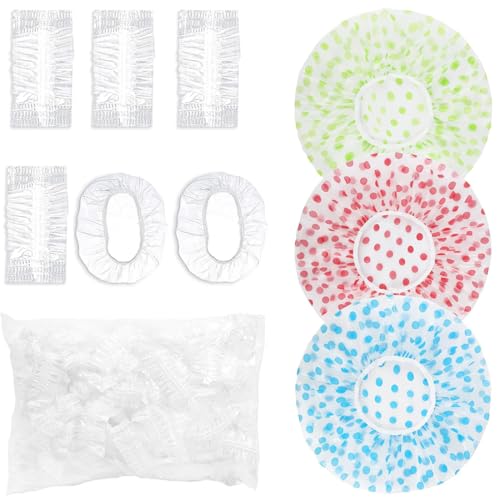 KOLZEMV 3 Stücke Duschhaube Damen Elastische Duschkappe Wasserdichte Duschhauben Wiederverwendbare Dusche Kappen für Mädchen Frauen Damen Im Lieferumfang sind 100 wasserdichte Ohrenschützer enthalten von KOLZEMV