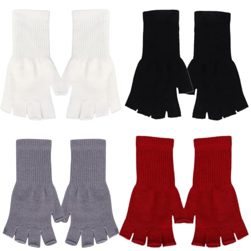 KOLZEMV 4 Paar fingerlose handschuhe damen, fingerlose handschuhe, handschuhe fingerlos damen, Halb Fingerhandschuhe Winter Fingerlose Handschuhe Strickhandschuhe für Männer Frauen von KOLZEMV