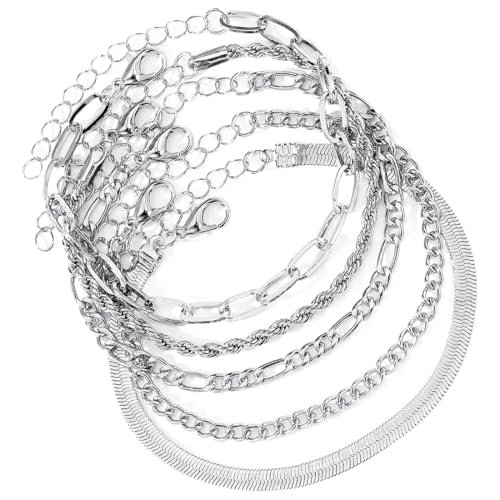 KOLZEMV 5 Stück Armband Damen Silber Armbänder Damen Edelstahl Verstellbare Armkette Bracelet Set armband Silberarmband Armband Schmuck, schmuck, schmuck silber, edelstahl armband damen von KOLZEMV