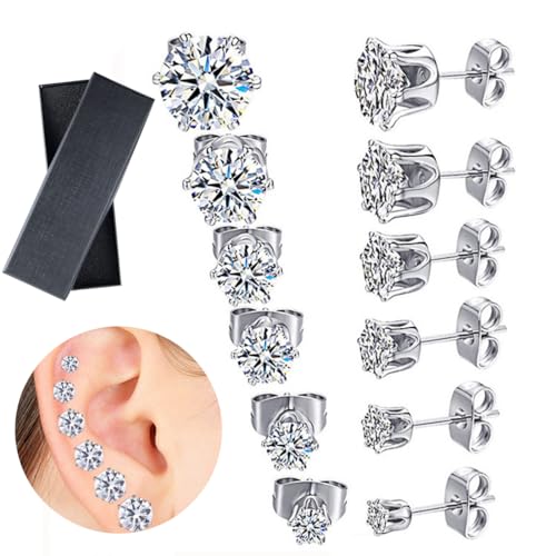 KOLZEMV 6 Pairs Klein Ohrstecker Chirurgenstahl Hypoallergen Medizinische Ohrstecker Silber Gold Ohrringe Set Piercing Ohr Kugel Runde Zirkon Schlafen Knorpel Ohrringe für Damen Herren 3-8MM von KOLZEMV