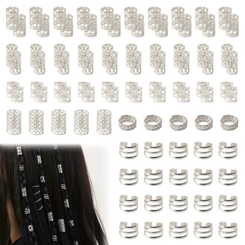 KOLZEMV 90 Stück Dreadlocks Schmuck Haarspiralen Clips, Verstellbar Metall Cuffs Haar Flecht Ringe, Perlen Haarschmuck Braids Haar Dreadlocks Zubehör Für Frauen Männer Zöpfe Dekoration（Silber） von KOLZEMV