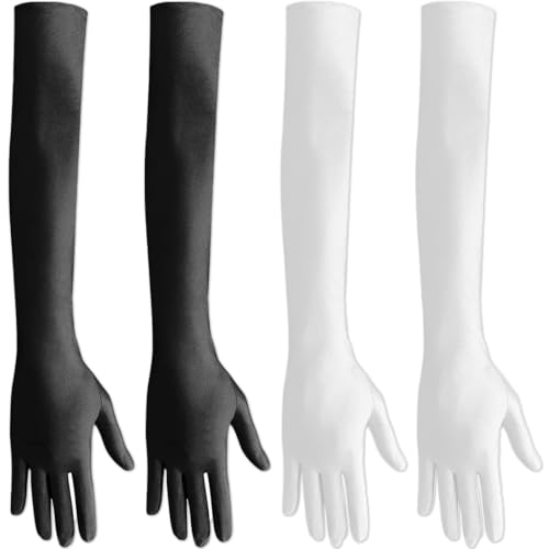 KOLZEMV Handschuhe Lang, 2 Paar Handschuhe Elegant Damen, schwarze handschuhe kostüm, Satin Classic Abendhandschuhe, 1920er Handschuhe für Classic Opera Party HalloweenKarneval Kostüm von KOLZEMV