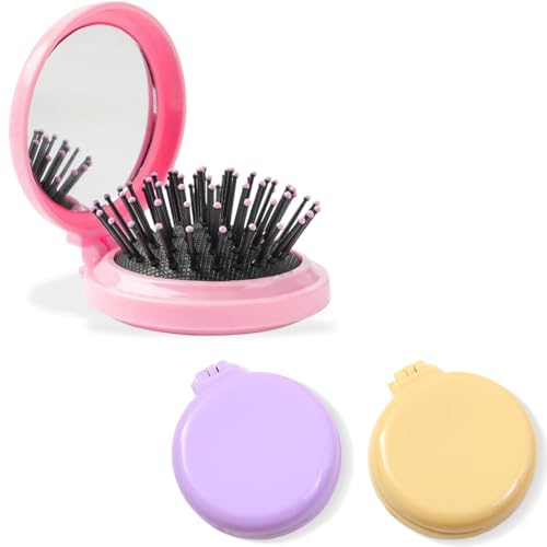 KOLZEMV Runde Haarbürste mit Spiegel, 3 Pack mini haarbürste, Faltbare Haarbürste Reise Haarmassagekamm Mini Kompakte Haarbürste Tasche Haarbürste Tragbare Haar Styling Werkzeuge für Frauen von KOLZEMV