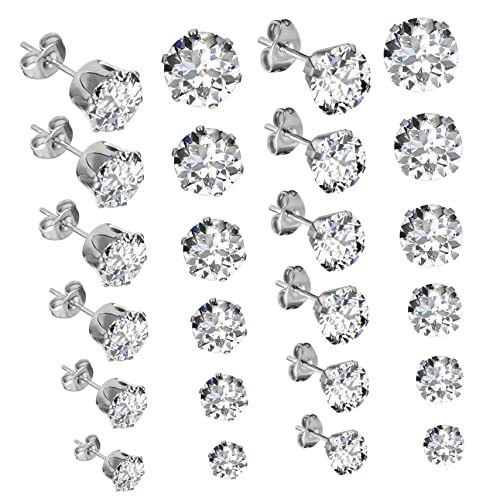 KOMBIUDA 12 Paare Silberne Ohrstecker aus für Damen Kleine Ohrringe mit Funkelnden Zirkonia Sicherer Halt durch Gerillte Verschlüsse Vielseitiges Schmuckset als Geschenkidee von KOMBIUDA