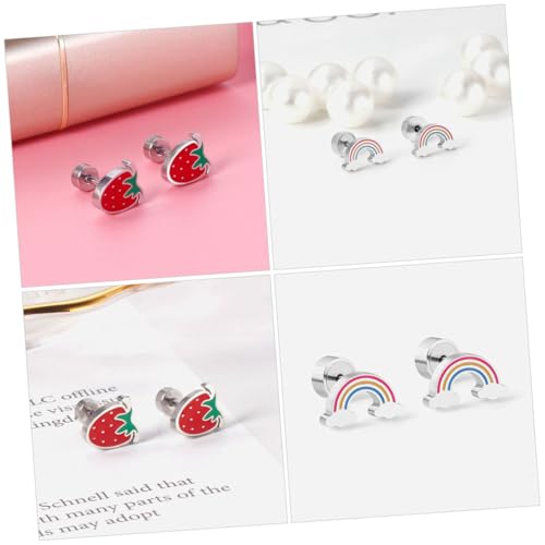 KOMBIUDA 2 Paare Kinderohrringe Erdbeere und Regenbogen Set Hypoallergen Süße Kleine Ohrstecker für Mädchen Teenager Geschenk Geburtstag Weihnachten von KOMBIUDA