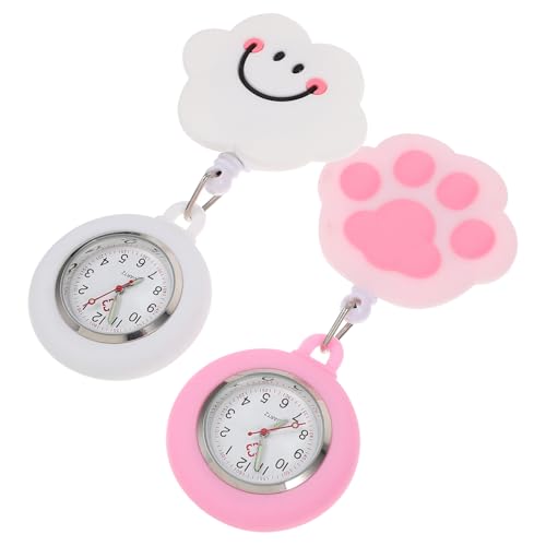 KOMBIUDA 2 Stück Krankenschwester Taschenuhr Dehnbare Silikon Clip Uhr Pocket Watch für Pflegekräfte mit Süßem Design Wolken Pinke Pfoten Leicht Praktisch für Alltag von KOMBIUDA