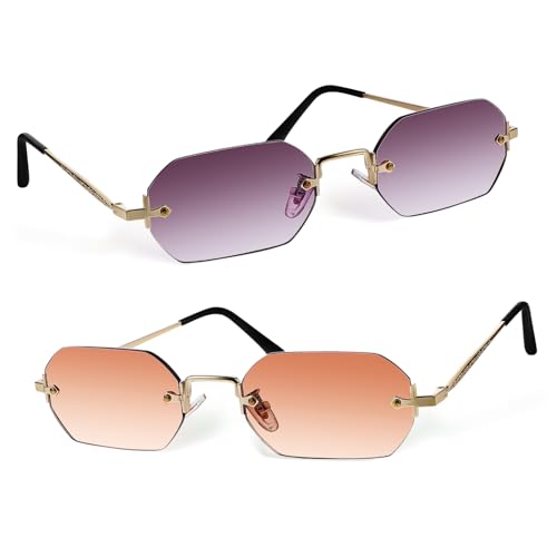 KOMBIUDA 2 Stück Randlose Vintage Mehrkant Sonnenbrille für Damen und Herren Metallrahmen Leicht Verstellbare Nasenpads Gold mit Farbverlauf und Modisch für Outdoor und Alltag von KOMBIUDA