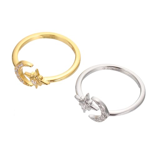 KOMBIUDA 2 Stück Verstellbare Damenringe Mond Stern Design Vintage Schmuck Offene Silberringe mit Feinem Glanz Hautfreundlich Elegant für Alltag und Geschenk von KOMBIUDA