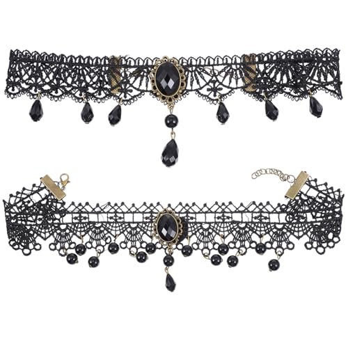 KOMBIUDA 2 Stück Verstellbare Spitzen Choker Halskette Punk Gothic mit Perlen für Vintage Style Halsdekoration Halloween Accessoire Angenehm Hautfreundlich und Individuell Anpassbar von KOMBIUDA