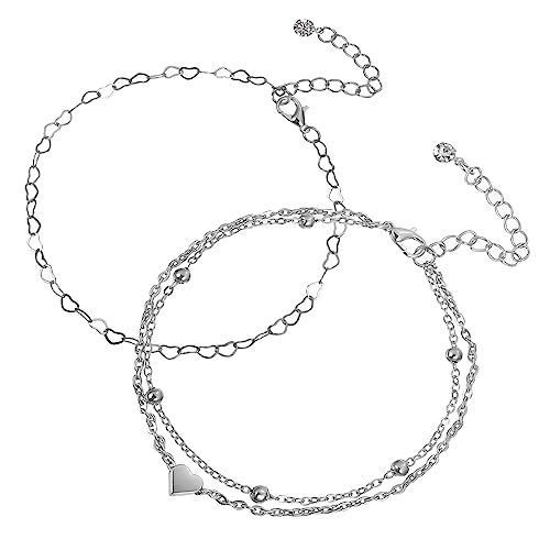 KOMBIUDA 2 Stück Verstellbares Damen Fußkettchen Herz Anhänger Boho Stil Mehrlagig Legierung Schmuck für Strand und Alltag von KOMBIUDA