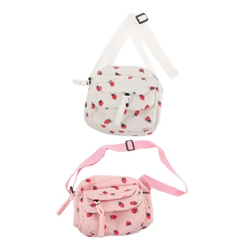 KOMBIUDA 2 Stück Vintage Corduroy Erdbeer Umhängetasche Damen Verstellbarer Riemen Leicht Kompakt Modische Handtasche für Schule Reisen Freizeit Süßer Retro Look Praktisch und von KOMBIUDA
