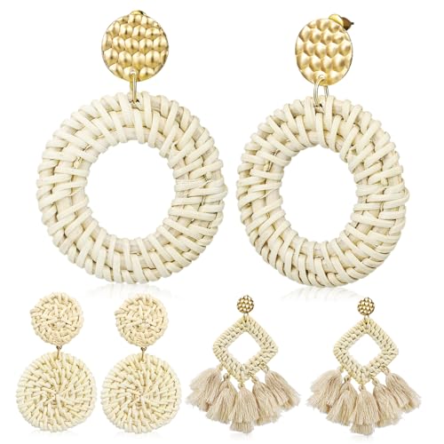 KOMBIUDA 3 Paare Boho Rattan Ohrringe Damen Leichte Geflochtene Strohohrringe Sommer Statement Hängend Tropfen Ohrringe von KOMBIUDA