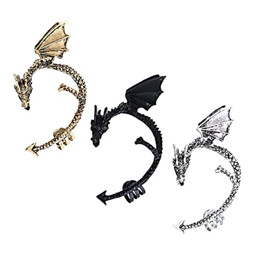 KOMBIUDA 3 Stück Teiliges Gothic Drachen Ohrmanschetten Punk Retro Ohrclip Manschetten in Silber Schwarz für Damen und Mädchen Ohrringe Ohrloch Langlebiges Legierungsmaterial Vielseitig von KOMBIUDA