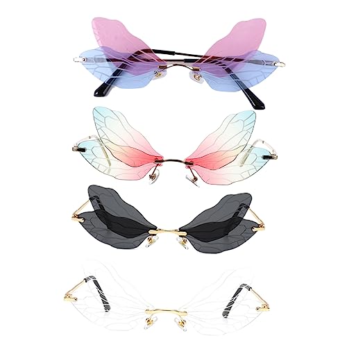 KOMBIUDA 4 Paare Randlose Sonnenbrille Damen Herren mit Drachenflügel Design Teiliges aus Pc und Metall Transparente Gläser Flügelartige Rahmenlose Brille für Alltag und Party von KOMBIUDA