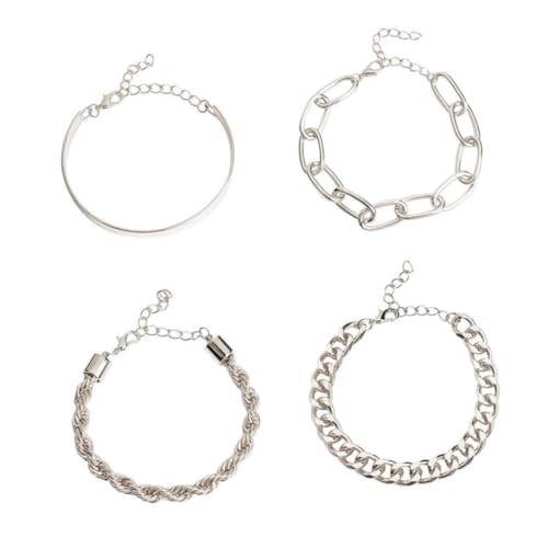 KOMBIUDA 4 Stück Teiliges Armband Set Damen Silberfarbene Kettenarmbänder Verstellbar Komfortabel Hautfreundlich Für Alltag Party Reise Stilvolle Modeschmuck von KOMBIUDA