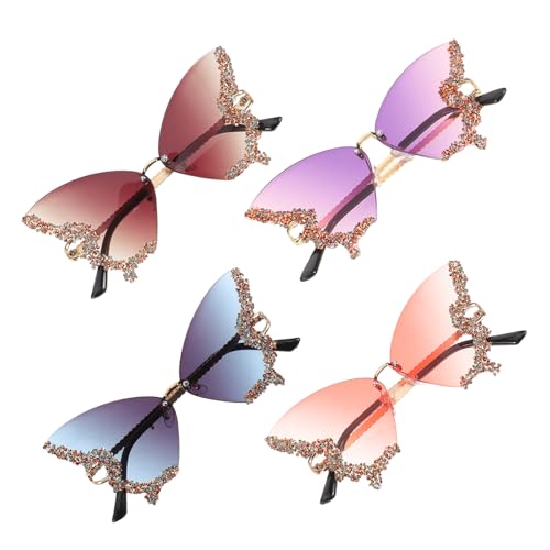 KOMBIUDA 4 Stück Teiliges Damen Sonnenbrillen Funkelnden Strasssteinen Vintage Rahmenlose Schmetterlingsbrillen Leichter Komfort für Urlaub Fotoshootings und Outdoor-events von KOMBIUDA