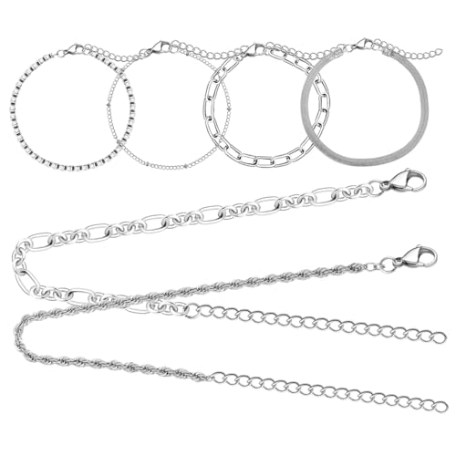 KOMBIUDA 6 Stück Teiliges Armband Damen Dünne Stapelbare Minimalistische Schmuck Armreifen in Silber Leichter Eleganter Mehrschicht Look für Alltag und Besondere Anlässe von KOMBIUDA